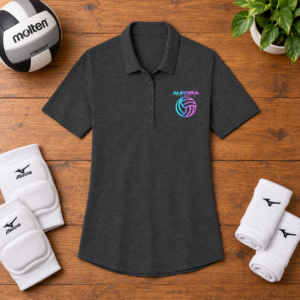 Aurora Volleyball Ladies Fine Pique Blend Polo - Charcoal Heather Flat-Lay [LIFESTYLE]